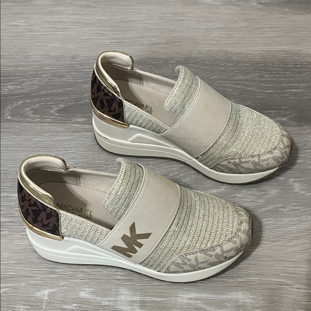 Michael Kors Girls Beige and Gold Slip-On Sneakers